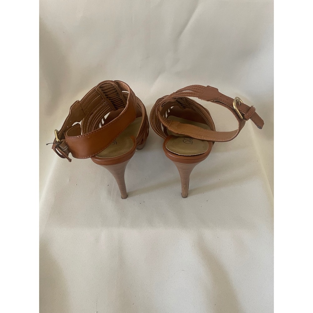Delicious Cognac Strappy Platform Stiletto Heels Gladiator Sandals Size 8 - Picture 9 of 12